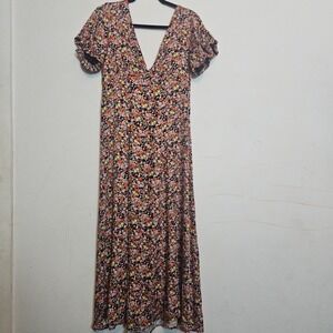 NWT Renew Women's Black Floral Maxi Dress V-neck Flutter Sleeves L 100% Rayon